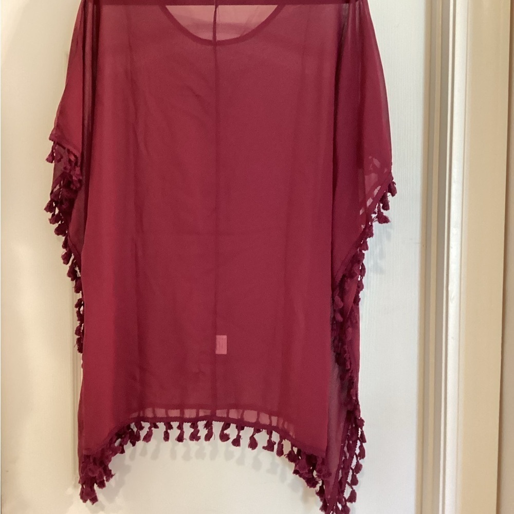 Sheer light Burgundy Swimsuit Cover Up with Tassels